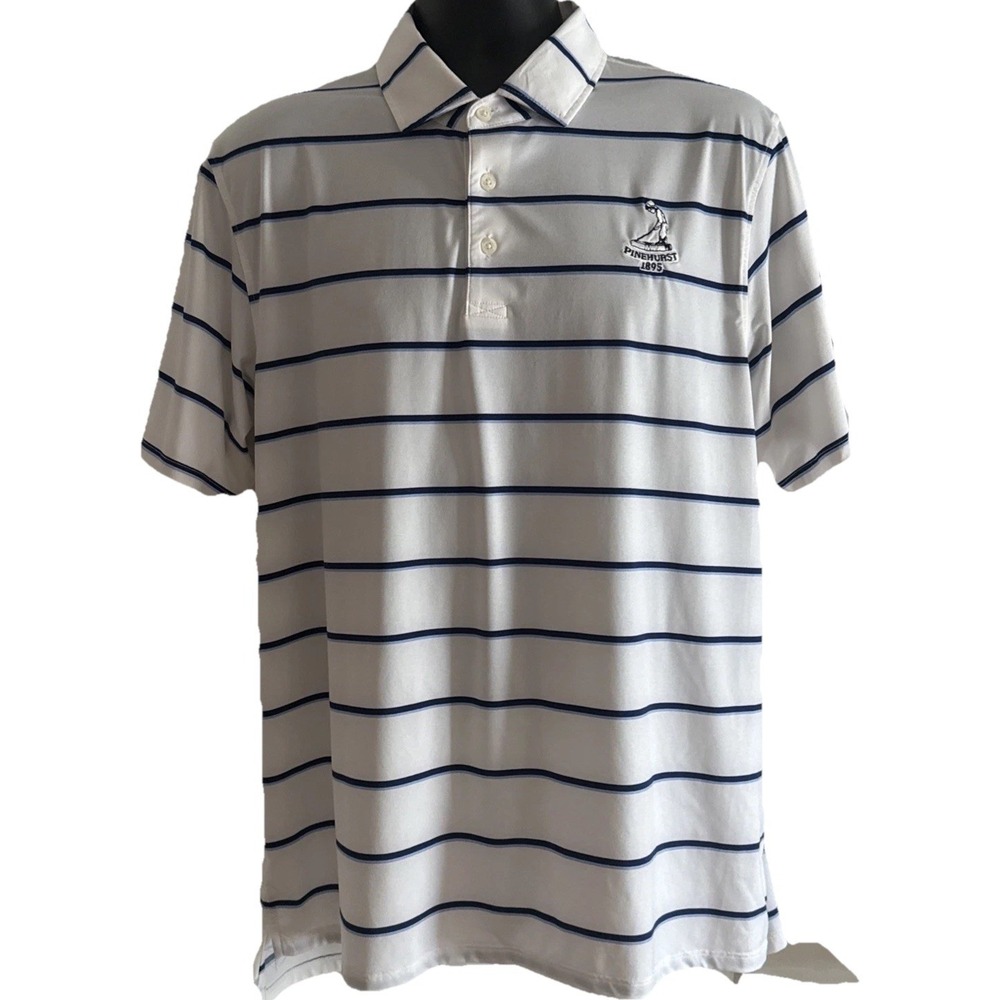 Draddy Sport Sz L Golf Polo White/ Blue Striped USA Poly Spandex Pinehurst Golf
